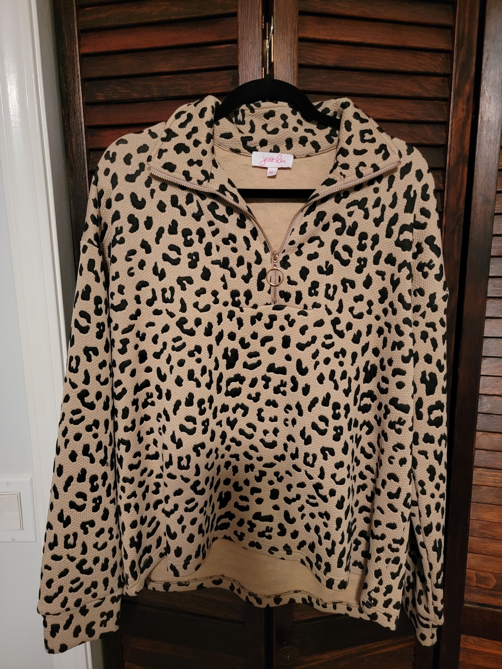 New Women's Beige Leopard Print Quarter-Zip Sweater